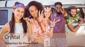  Presentation with festival music - Colorful slide set enhanced with hipsters hanging out by camper van at a music festival backdrop and a coral colored foreground