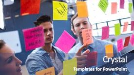  Presentation with post stick note - Beautiful PPT theme featuring hipsters reading a post it backdrop and a  colored foreground