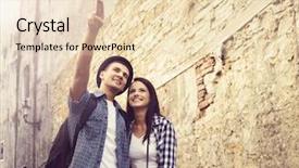  Presentation with old couple walking - Presentation design with hipsters walking around old town background and a lemonade colored foreground