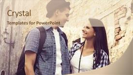  Presentation with old couple walking - Presentation theme consisting of hipsters walking around old town background and a  colored foreground