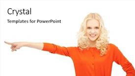  Presentation with finger - Amazing presentation theme having hirebutton - picture of smiling girl pointing backdrop and a white colored foreground