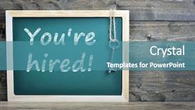 Presentation with old school punk rock leather - Slide deck with keys hiring - you're hired text on school background and a teal colored foreground