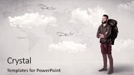  Presentation with backpack - Beautiful PPT theme featuring his back and plane backdrop and a  colored foreground