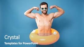  Presentation with special education young adult man - Slide set with his biceps isolated over blue background and a  colored foreground