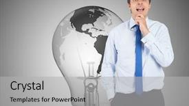  Presentation with energy efficiency - Cool new slide deck with his chin against light bulb backdrop and a  colored foreground