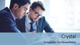  Presentation with data meeting - Presentation theme consisting of his colleague at meeting background and a light blue colored foreground