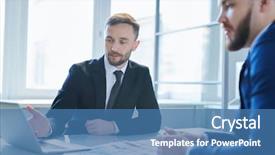  Presentation with data meeting - Presentation design having his colleague at working meeting background and a teal colored foreground