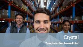  Presentation with happy sad mask face - Presentation having his colleagues in a warehouse background and a light blue colored foreground