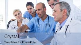  Presentation with medical laptop - Slide set having hospital care - doctor showing laptop pc background and a light blue colored foreground