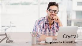  Presentation with 3d man sitting question mark - Beautiful theme featuring his desk in the office backdrop and a soft green colored foreground