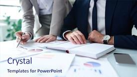  Presentation with elegant - Audience pleasing presentation design consisting of having discussion of financial paper backdrop and a sky blue colored foreground