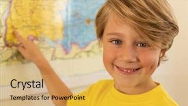  Presentation with school fine arts - Slide set with his finger on a map background and a yellow colored foreground