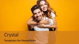  Presentation with fun - Colorful theme enhanced with his girlfriend isolated over yellow backdrop and a gold colored foreground