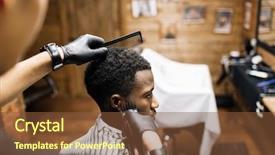 Presentation with cut - Slide deck featuring his hair cut in barbershop background and a tawny brown colored foreground