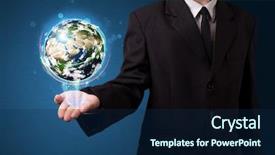  Presentation with hand holding earth - Cool new PPT layouts with his hand a glowing earth backdrop and a navy blue colored foreground