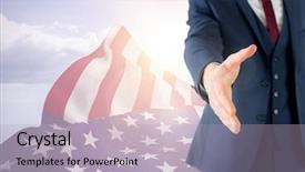  Presentation with american flag - PPT layouts having his hand against american flag background and a light gray colored foreground