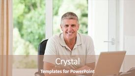  Presentation with young man holdng laptop on lap money - PPT theme enhanced with silly employees with arms folded wearing boxes on their heads against cloud house background and a seafoam green colored foreground