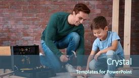 Presentation with workshop tools - PPT theme featuring his little son with tool background and a ocean colored foreground