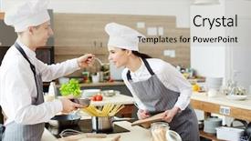  Presentation with cooking chef - Slide deck featuring his mate try the food background and a mint green colored foreground