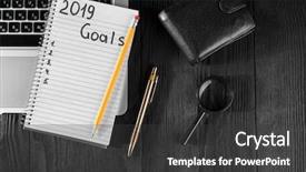  Presentation with work goals - Slide deck with 2019 goals on his notebook new year resolutions concept top view background and a dark gray colored foreground