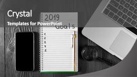  Presentation with work goals - Colorful PPT theme enhanced with his notebook new year backdrop and a dark gray colored foreground