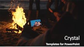  Presentation with campfire - Cool new PPT theme with his phone beside campfire backdrop and a wine colored foreground