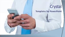  Presentation with phone - Presentation design enhanced with his phone on white screen background and a  colored foreground