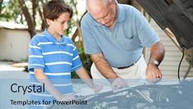  Presentation with father teaching children - Beautiful PPT theme featuring his son basic auto maintenance backdrop and a light blue colored foreground