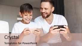  Presentation with mobile games - Cool new PPT theme with his son child play game backdrop and a coral colored foreground