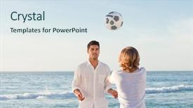  Presentation with father - Amazing PPT theme having his son on the beach backdrop and a sky blue colored foreground