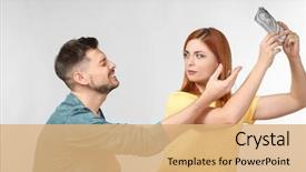  Presentation with young man holdng laptop on lap money - Presentation theme with his wife to give money background and a coral colored foreground