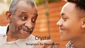  Presentation with black senior citizen - Amazing PPT theme having his young adult grandson backdrop and a coral colored foreground