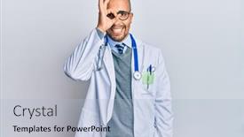  Presentation with eye doctor - Beautiful presentation theme featuring hispanic-adult-man-wearing-doctor backdrop and a light blue colored foreground