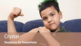  Presentation with flexing - Colorful slide set enhanced with hispanic boy wearing party hat playfully flexing arm muscle while looking at viewer backdrop and a coral colored foreground