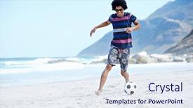  Presentation with beach ball - Colorful presentation theme enhanced with hispanic brasil man playing soccer on beach with dribble skill and ball on vacation backdrop and a sky blue colored foreground