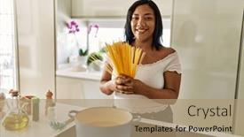  Presentation with spaghetti - Presentation theme having hispanic-brunette-woman-cooking-spaghetti background and a coral colored foreground