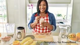  Presentation with hispanic - PPT layouts having hispanic-brunette-woman-drinking-fresh background and a coral colored foreground