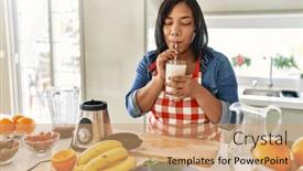  Presentation with smoothie - Slide set enhanced with hispanic-brunette-woman-drinking-fresh background and a coral colored foreground