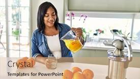 Presentation with drinking glass - Slide deck with hispanic-brunette-woman-drinking background and a coral colored foreground