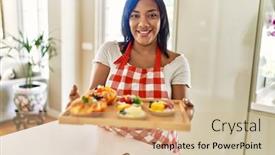  Presentation with pastries - Presentation theme enhanced with hispanic-brunette-woman-holding-tray background and a coral colored foreground