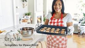  Presentation with cookies - PPT theme consisting of hispanic-brunette-woman-holding-tray background and a mint green colored foreground