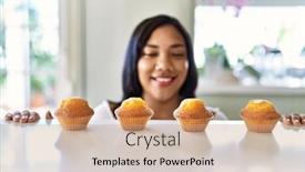  Presentation with muffins - Theme enhanced with hispanic-brunette-woman-looking background and a coral colored foreground