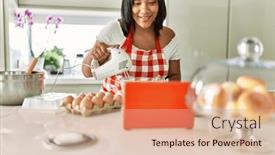  Presentation with recipe - Presentation enhanced with hispanic-brunette-woman-preparing-cake background and a coral colored foreground