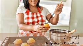  Presentation with muffins - Slide set enhanced with hispanic-brunette-woman-preparing-chocolate background and a coral colored foreground
