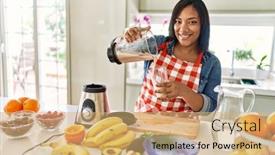  Presentation with fruit - PPT theme featuring hispanic-brunette-woman-preparing-fruit background and a coral colored foreground