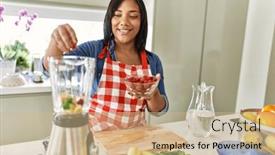  Presentation with smoothie - Presentation theme having hispanic-brunette-woman-preparing-fruit background and a coral colored foreground