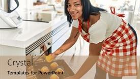  Presentation with cupcakes - PPT theme featuring hispanic-brunette-woman-putting-tray background and a coral colored foreground