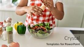  Presentation with green - Presentation theme having hispanic-brunette-woman-seasoning-green background and a  colored foreground