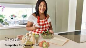  Presentation with green - Presentation theme having hispanic-brunette-woman-seasoning-green background and a  colored foreground