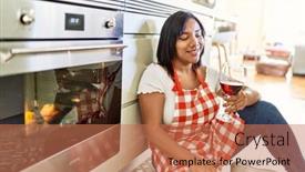  Presentation with drinking glass - PPT theme featuring hispanic-brunette-woman-waiting background and a coral colored foreground
